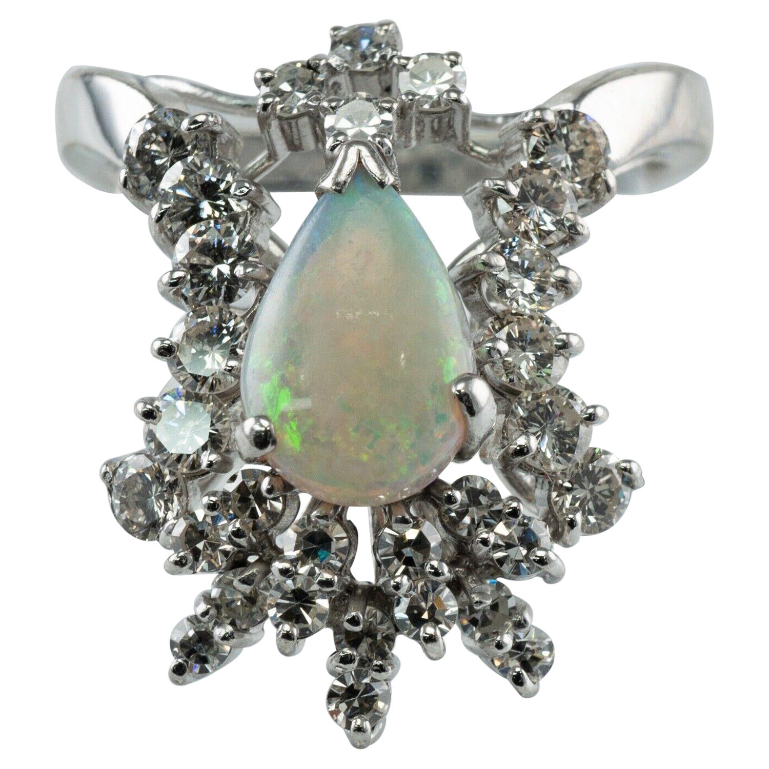 1.46 ctw Diamond Opal Ring Vintage 14K White Gold