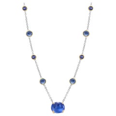 Cabochon Sapphire and Round Sapphire Bezel Set Gold Necklace Pendant