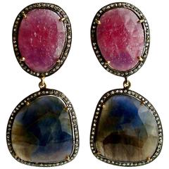 Raspberry Pink Denim Blue Sapphire Slices Diamond Earrings 
