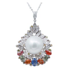 South-Sea Pearl, Multicolor Sapphires, Diamonds, 14 Kt Gold Pendant Necklace