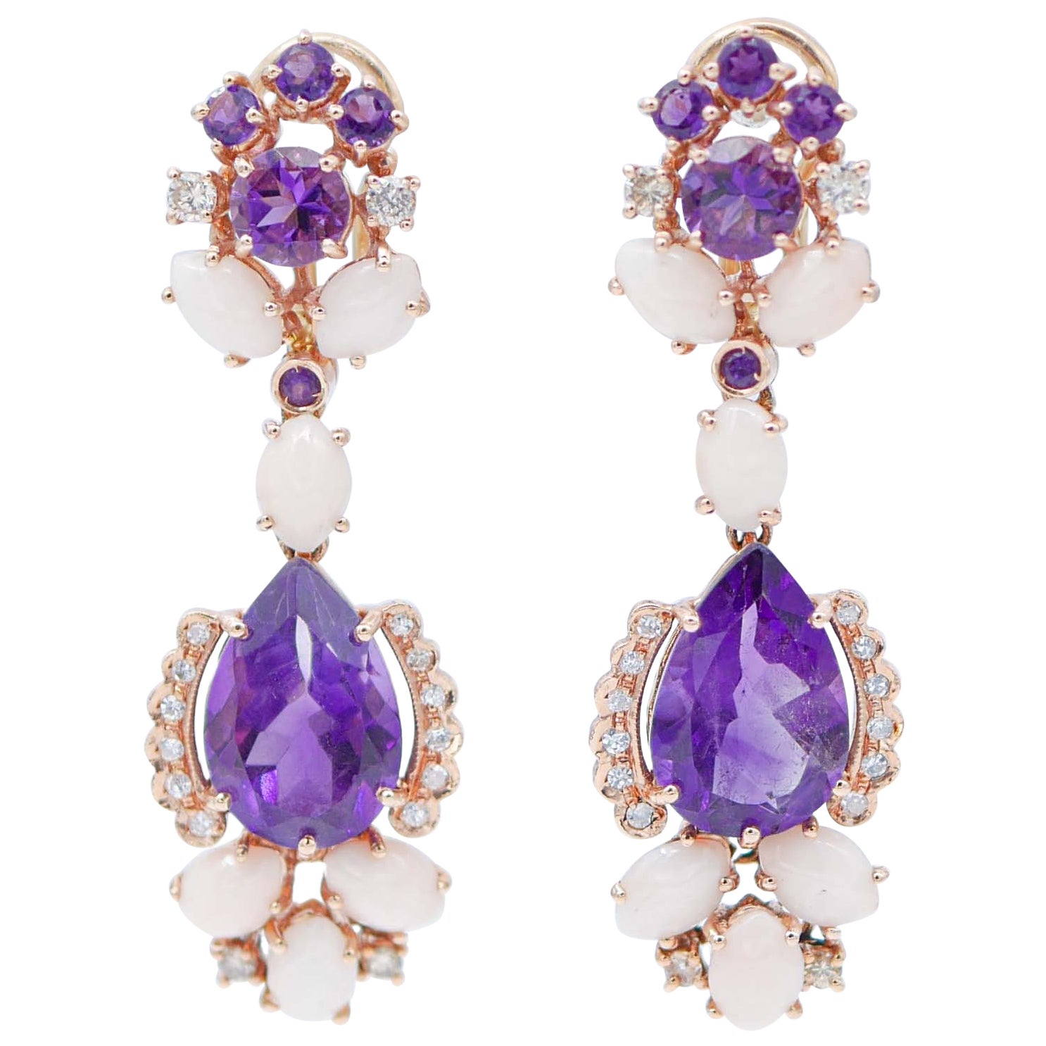 Coral, Amethysts, Diamonds, 14kt Rose Gold Dangle Earrings For Sale