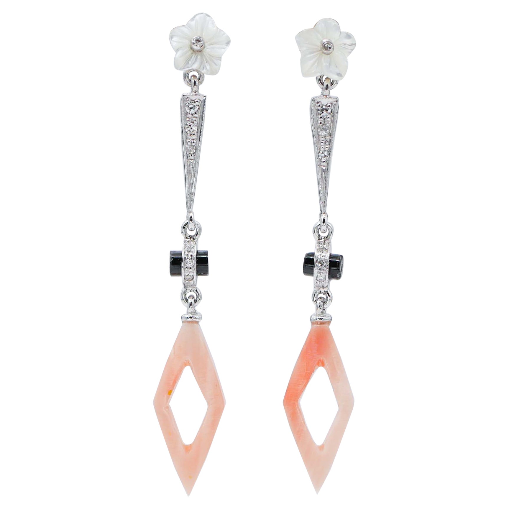 Coral, White Stones, Diamonds, Onyx, Platinum Dangle Earrings For Sale
