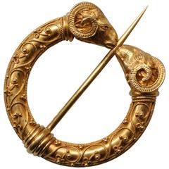 Antique Victorian Etruscan Revival Gold Ram Fibula Brooch