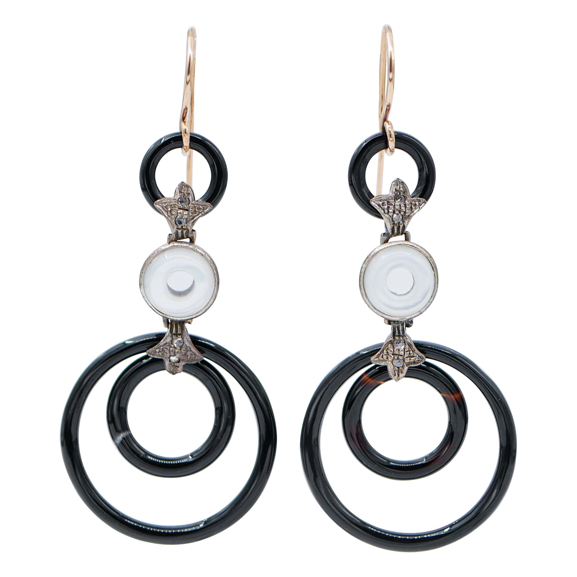 Diamonds, White Stones, Onyx, Rose Gold and Silver Dangle Earrings