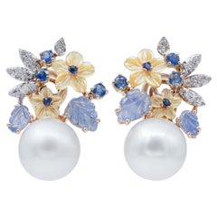 South-Sea Pearls, Sapphires, Diamonds, Stones, 14Kt White and Rose Gold Earrings