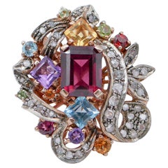 Garnets, Amethysts, Peridots, Topazs, Diamonds, Rose Gold and Silver Retrò Ring