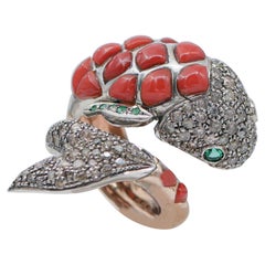 Coral, Emeralds, Diamonds, Rose Gold and Silver Fish Shape Ring