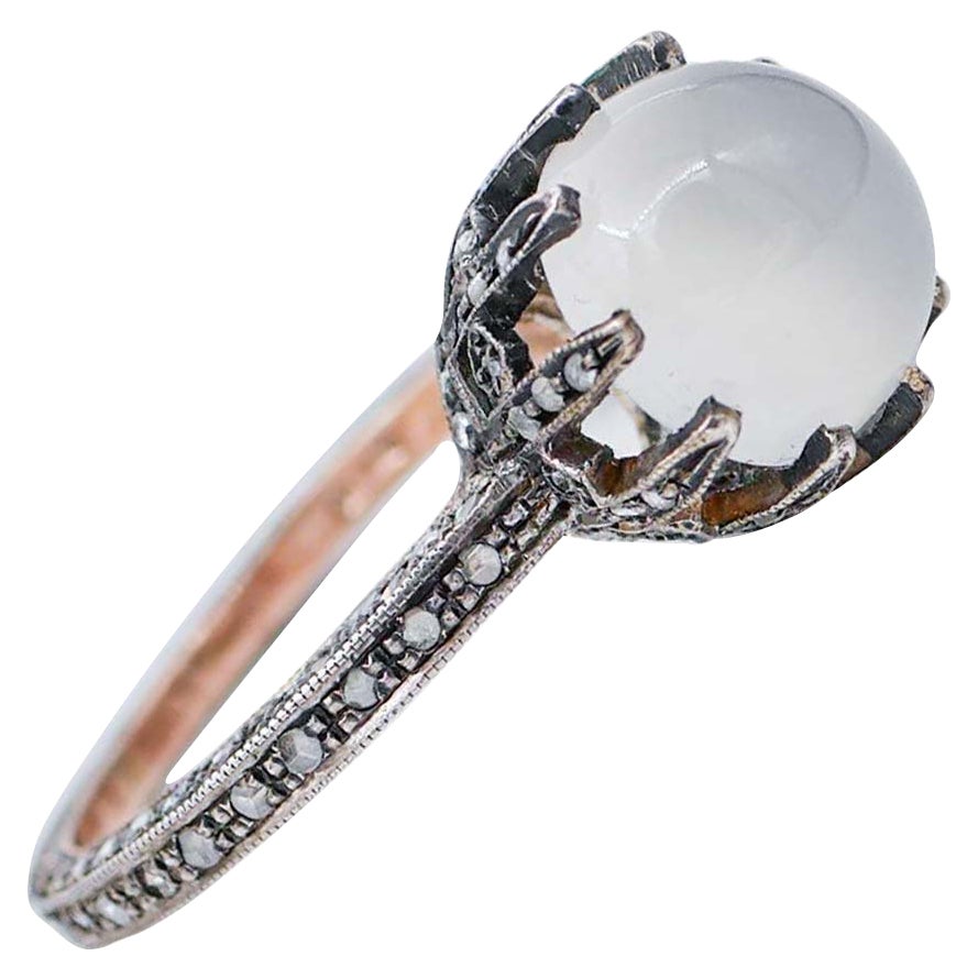 Moonstone, Diamonds, 14 Karat Rose Gold and Silver Ring. For Sale