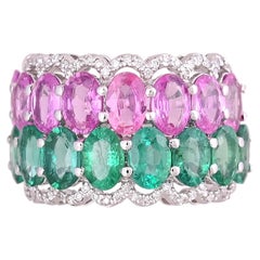 Set in 18K White Gold, Natural Emerald, Pink Sapphire & Diamonds Band Ring