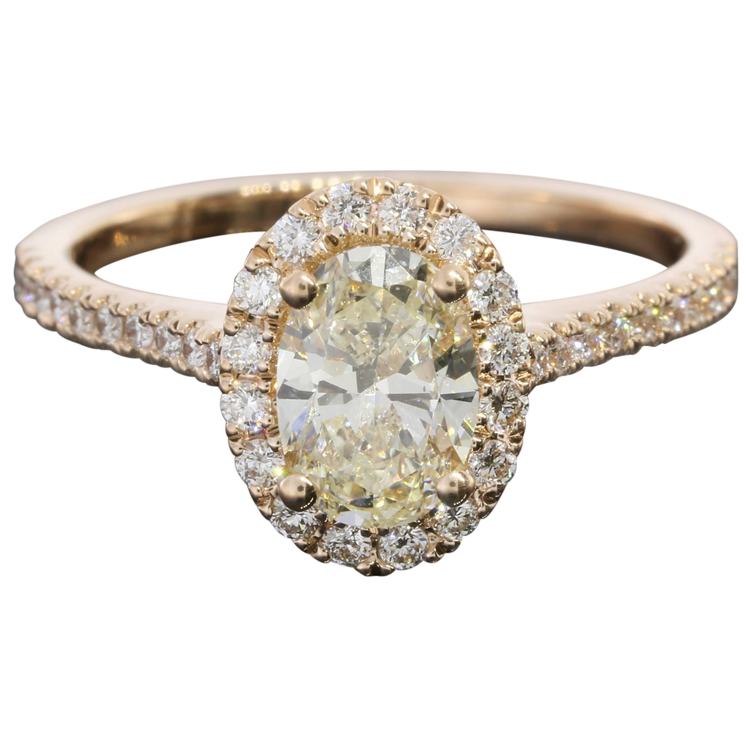 1.01 Carat Oval GIA Cert Diamond Gold Halo Engagement Ring