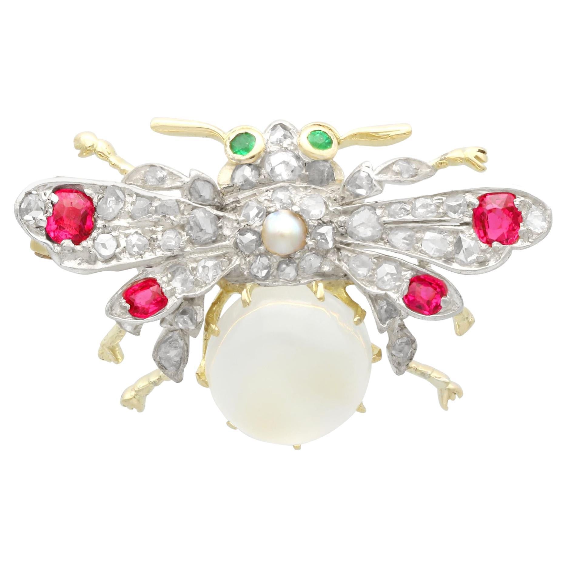 Antique 3.10ct Moonstone, Ruby, Emerald, Diamond and Pearl, Yellow Gold Brooch For Sale