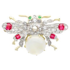 Antique 3.10ct Moonstone, Ruby, Emerald, Diamond and Pearl, Yellow Gold Brooch