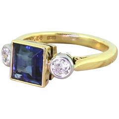 Vintage Boodles Step Cut Sapphire Old Cut Diamond Gold Trilogy Ring