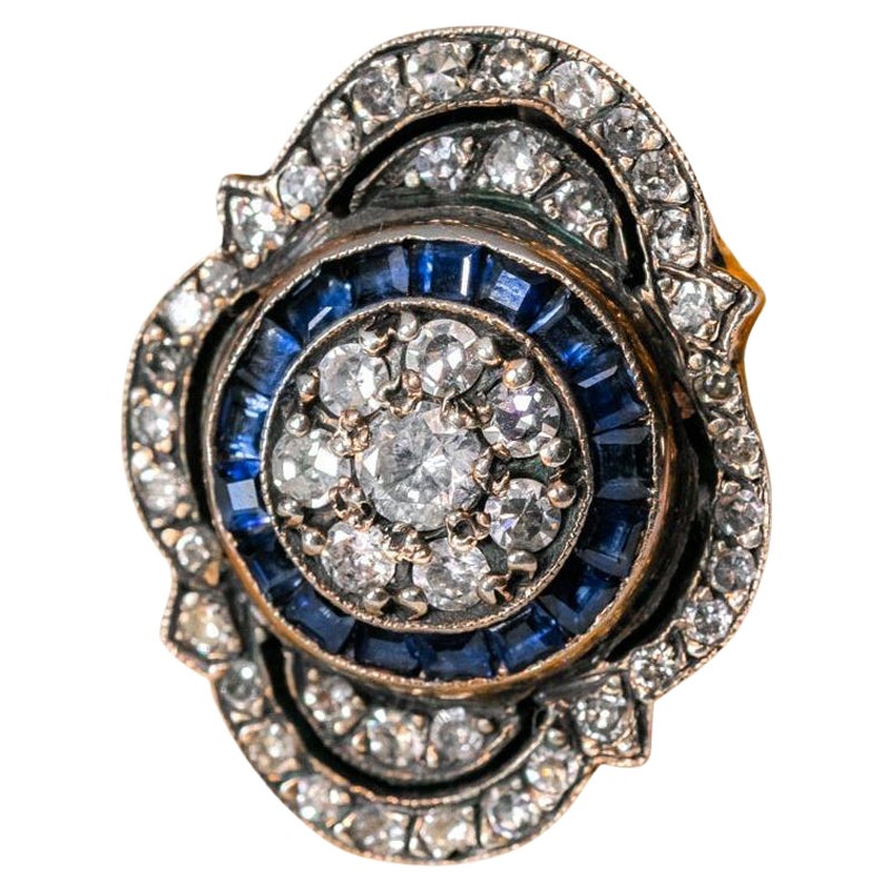 Art Deco Diamond and Sapphire Ring, Statement Sapphire Halo Engagement