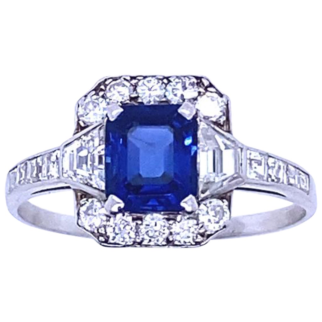 Art Deco Sapphire and Diamond Cluster Platinum Engagement Ring