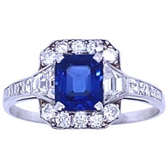 Art Deco Sapphire and Diamond Cluster Platinum Engagement Ring