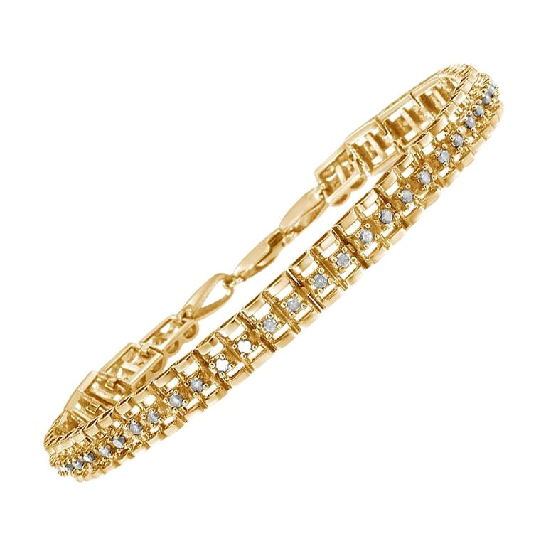 Bracelet tennis à double maillons en or jaune 10 carats et argent avec diamants de 2,0 carats