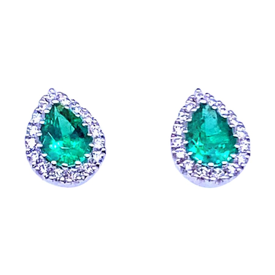 Pear Cut Emerald and Diamond Cluster Earrings 18 Karat White Gold For Sale