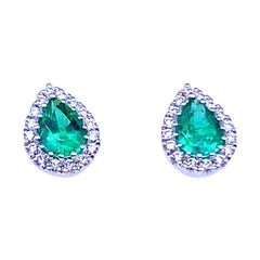 Pear Cut Emerald and Diamond Cluster Earrings 18 Karat White Gold