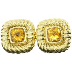 David Yurman Cushion Citrine Gold Cable Clip-On Stud Earrings