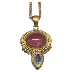 Steven Battelle 8.0 Carats Pink Tourmaline Moonstone 18K Gold/Silver Pendant