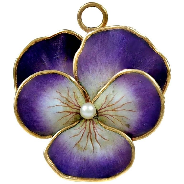 Antique Enamel Pearl Gold Pansy Pin Pendant at 1stDibs