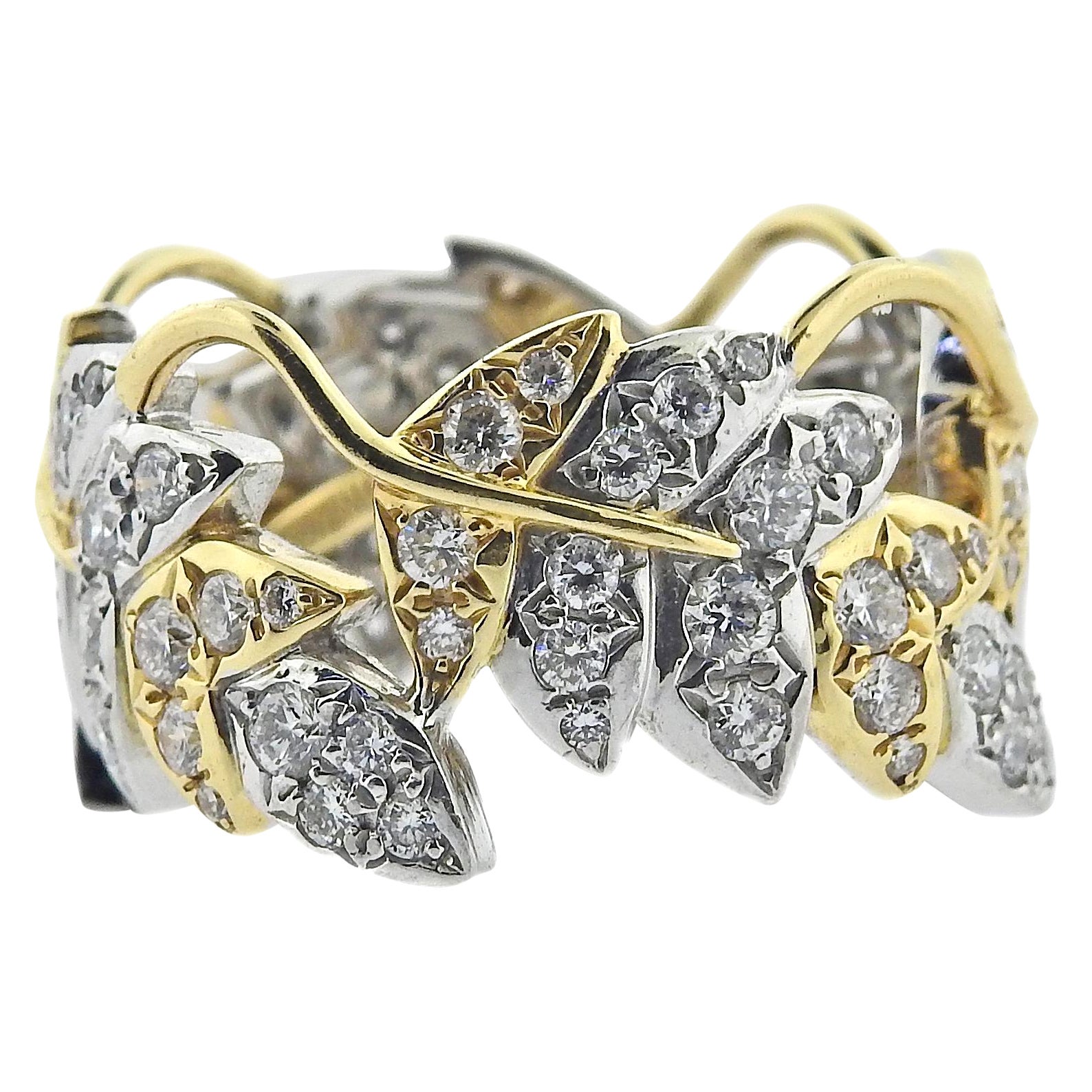 Tiffany & Co Schlumberger Four Leaves Vine Diamond Gold Platinum Ring For Sale