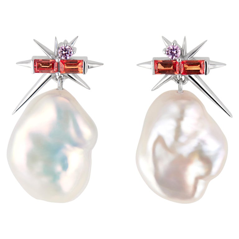 14ct White Gold Sapphire and Baroque Pearl Drop Earrings, Spike