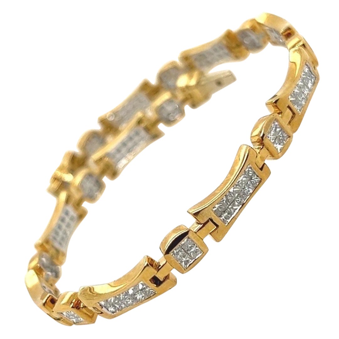 Modern Gold 3.6 Carat Natural Princess Cut Colorless Diamond Bracelet Circa 1990