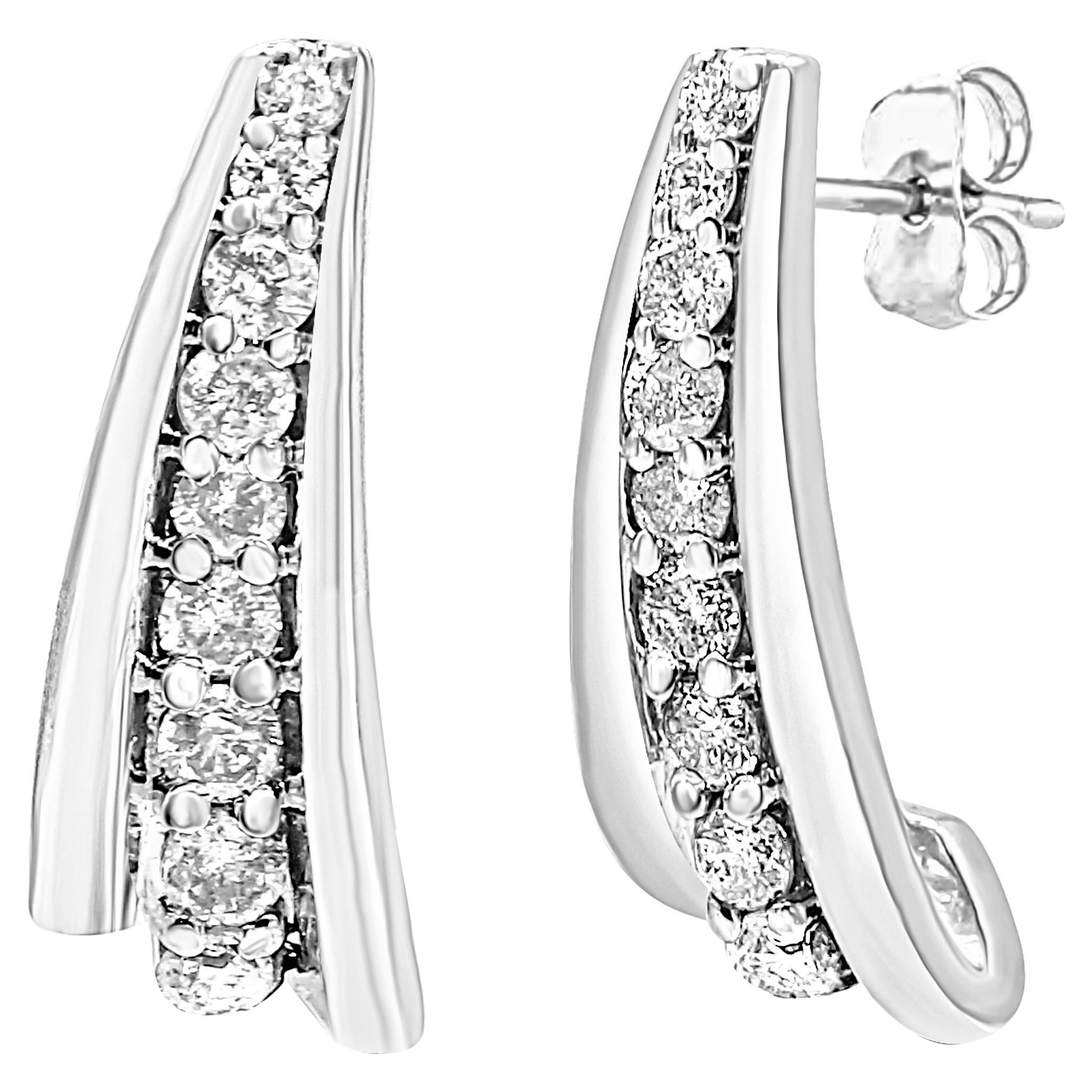.925 Sterling Silver 1.0 Carat Round Diamond Graduated Huggie Stud Earrings For Sale
