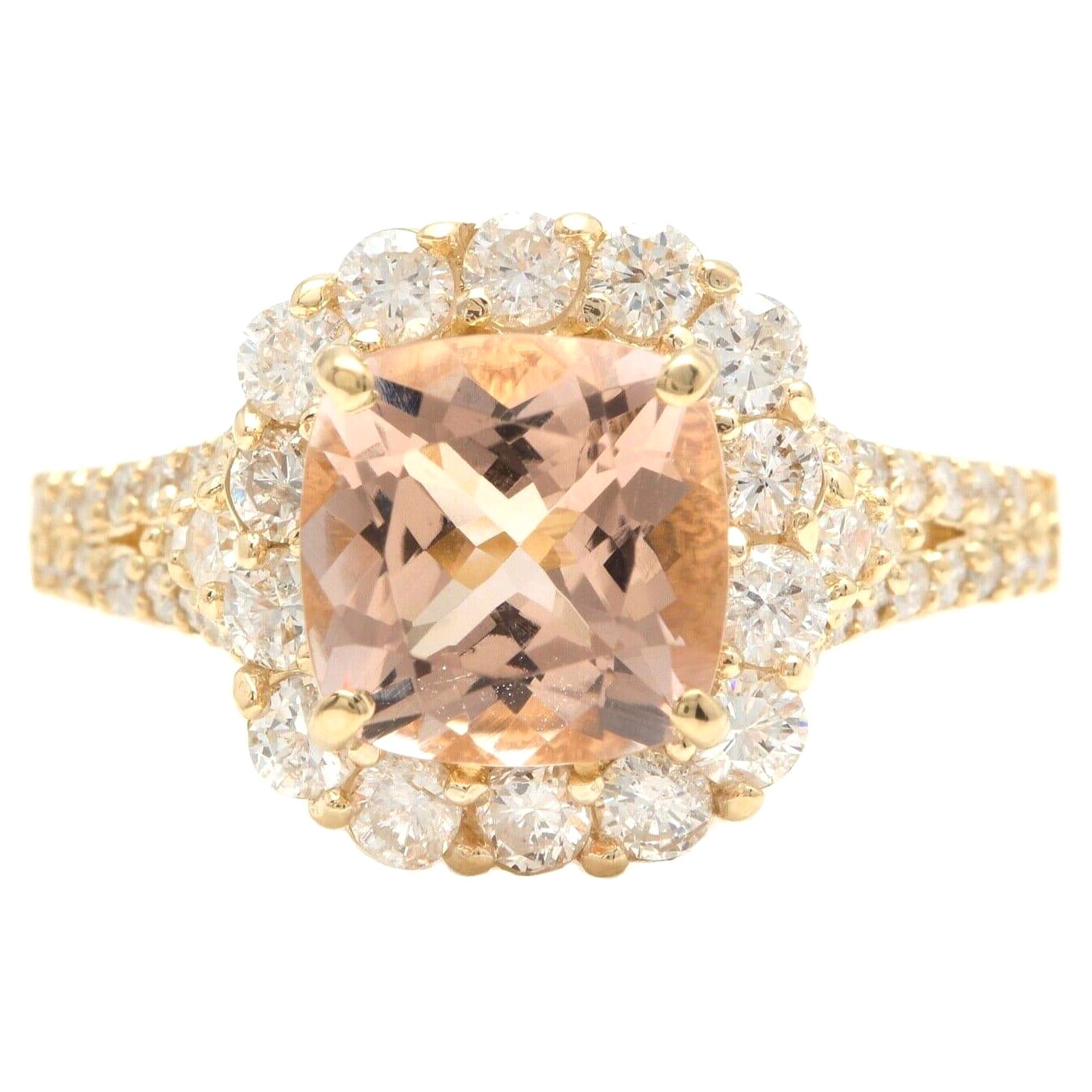 3.00 Carats Natural Morganite and Diamond 14K Solid Yellow Gold Ring For Sale