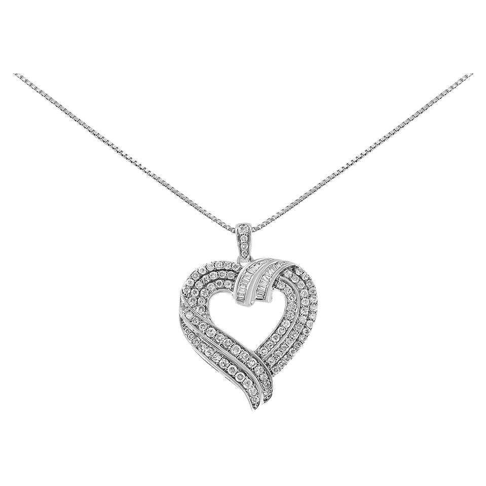 Sterling Silver 1.0 Carat Baguette Diamond Composite Open Heart Pendant Necklace For Sale