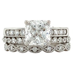 14k White Gold GIA 1.91 Carat E-SI1 Radiant Center W/ 3 Round Diamond Band Ring