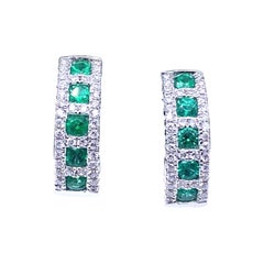 Emerald and Diamond Hoop Earrings 18 Karat White Gold