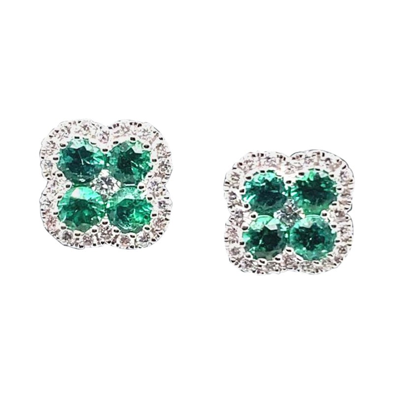 Emerald and Diamond Quatrefoil Cluster Earrings 18 Karat White Gold For Sale