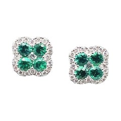 Emerald and Diamond Quatrefoil Cluster Earrings 18 Karat White Gold