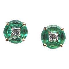 Emerald and Diamond Cluster Earrings 18 Karat Yellow Gold