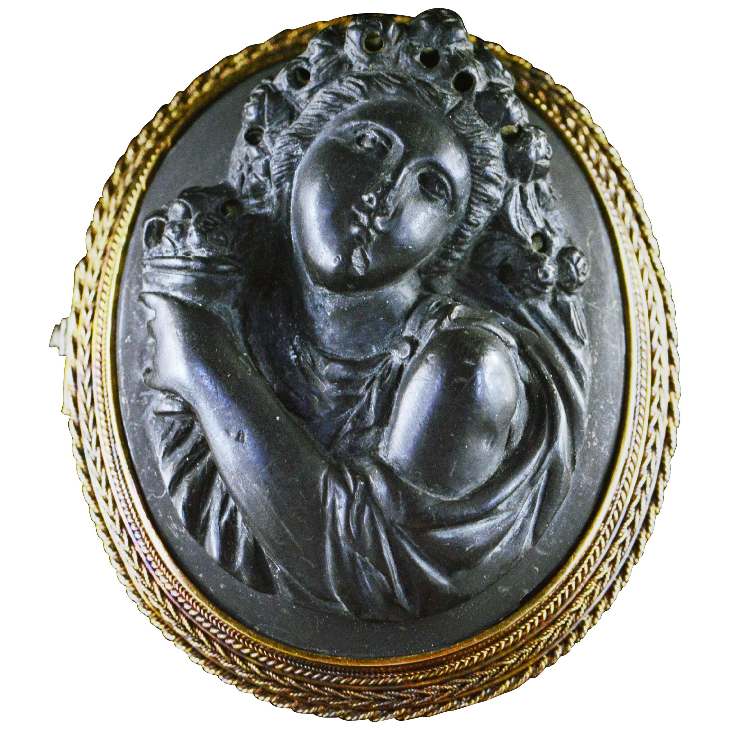 Antique Lava Rock Carved Cameo Gold Brooch For Sale