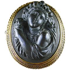 Antique Lava Rock Carved Cameo Gold Brooch