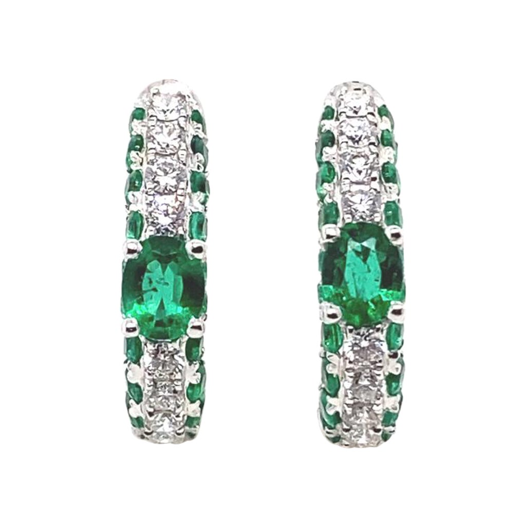 Emerald and Diamond Hoop Earrings 18 Karat White Gold