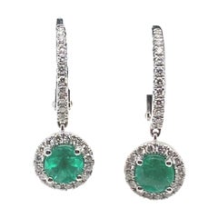Emerald and Diamond Hoop Drop Earrings 18 Karat White Gold