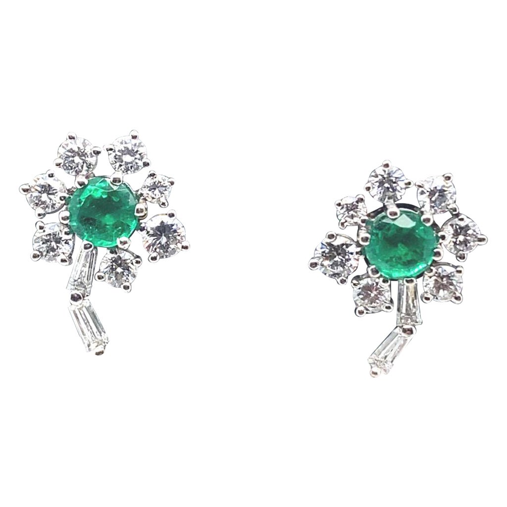Vintage Emerald and Diamond Flower Cluster Earrings 18 Karat White Gold For Sale