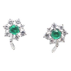 Vintage Emerald and Diamond Flower Cluster Earrings 18 Karat White Gold