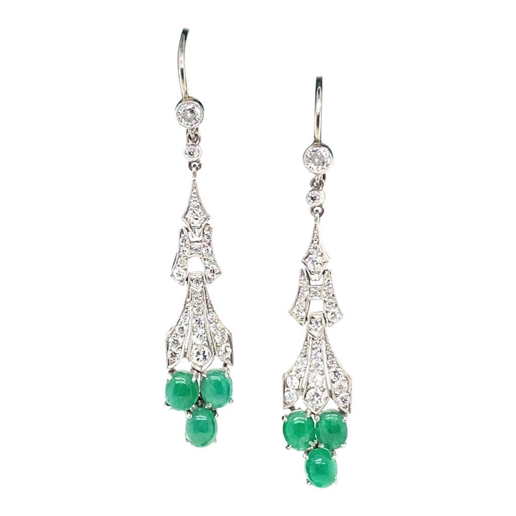 Art Deco Style Emerald and Diamond Drop Earrings in 14 Karat White & Yellow Gold For Sale