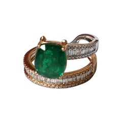 Set in 18K Yellow/White Gold, natural Zambian Emerald & Diamonds Engagement Ring