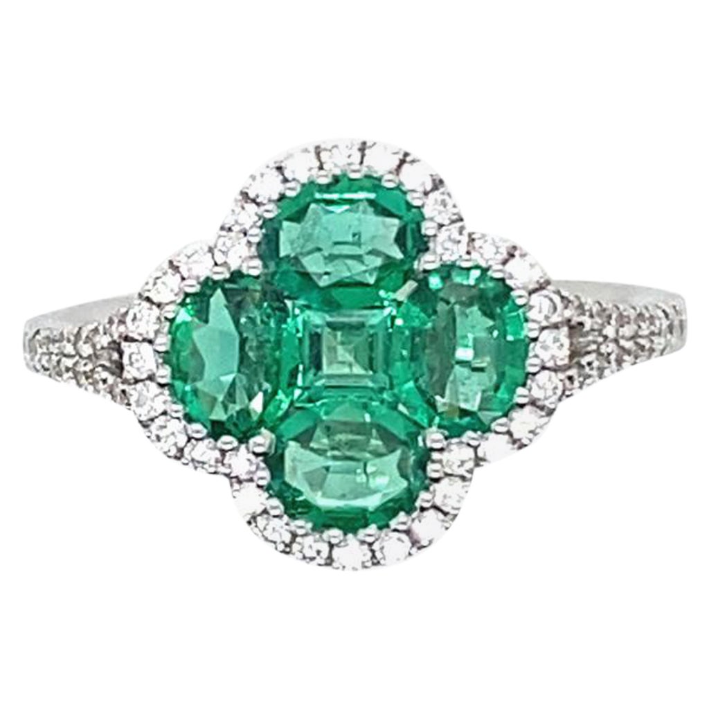 Emerald and Diamond Quatre Foil Cluster 18 Karat White Gold Engagement Ring For Sale