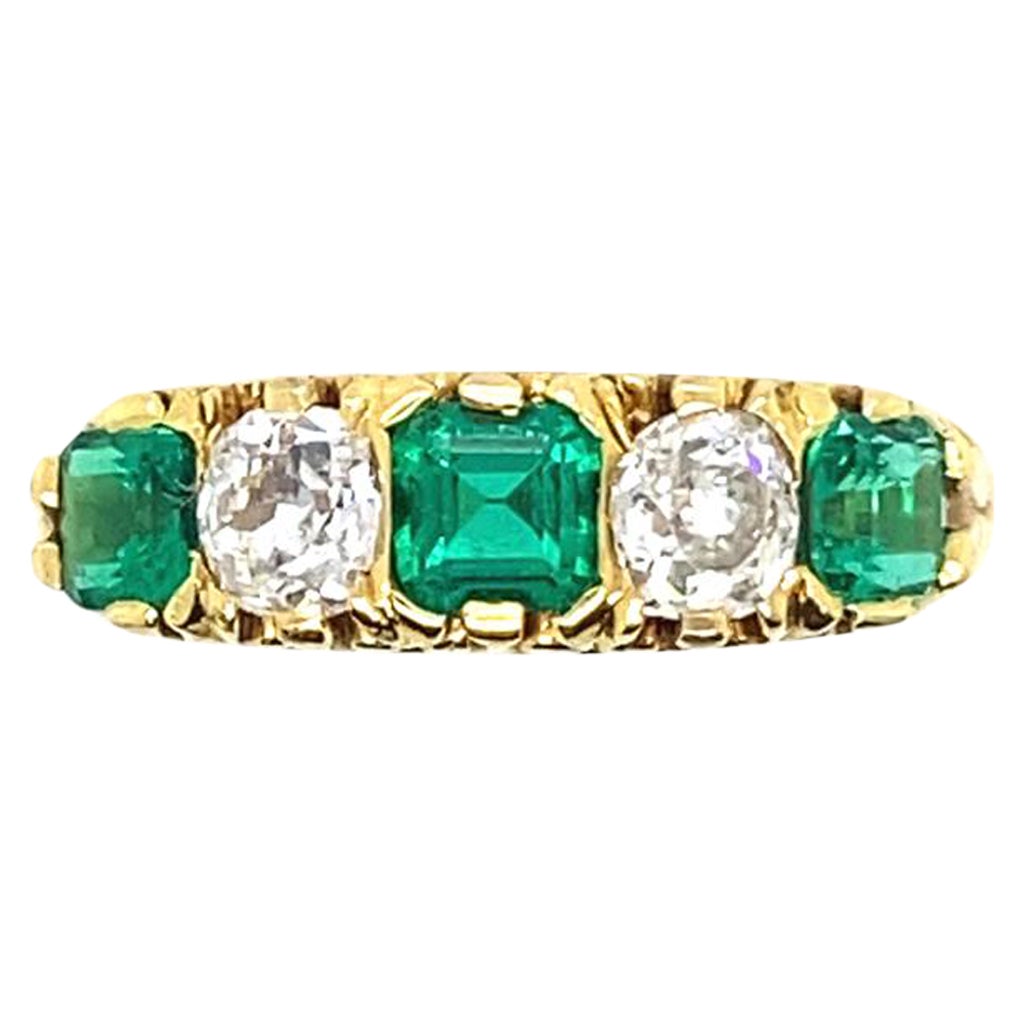 Vintage Emerald and Diamond Five Stone 18 Karat Yellow Gold Engagement Ring For Sale