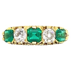 Vintage Emerald and Diamond Five Stone 18 Karat Yellow Gold Engagement Ring