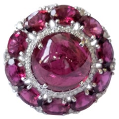 Set in 18K White Gold, natural Rubelite & Diamonds Cocktail / Dome Ring