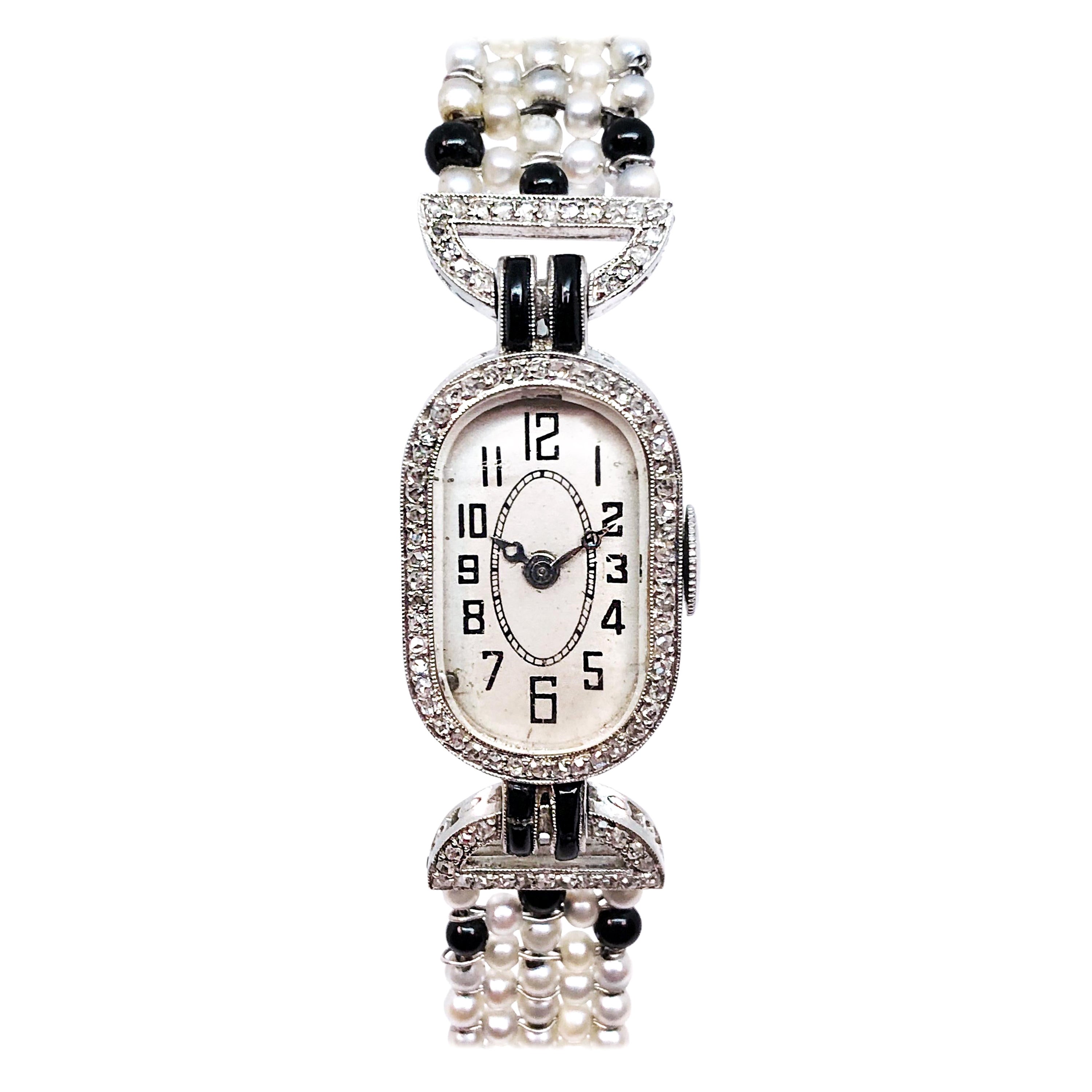 Art Deco Platinum Diamond Pearl and Onyx Ladies Mechanical Wristwatch